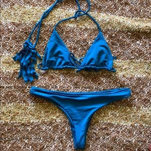 Blue triangle bikini with tie frills